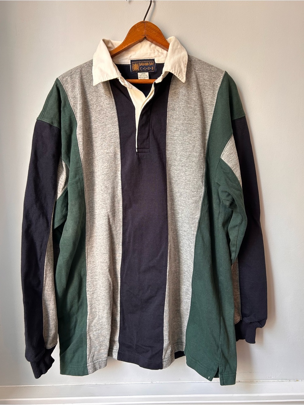 Bahama Bay Men's VTG LG Gray Blue Green Rugby Polo 1/4 Long Sleeve Cotton Shirt